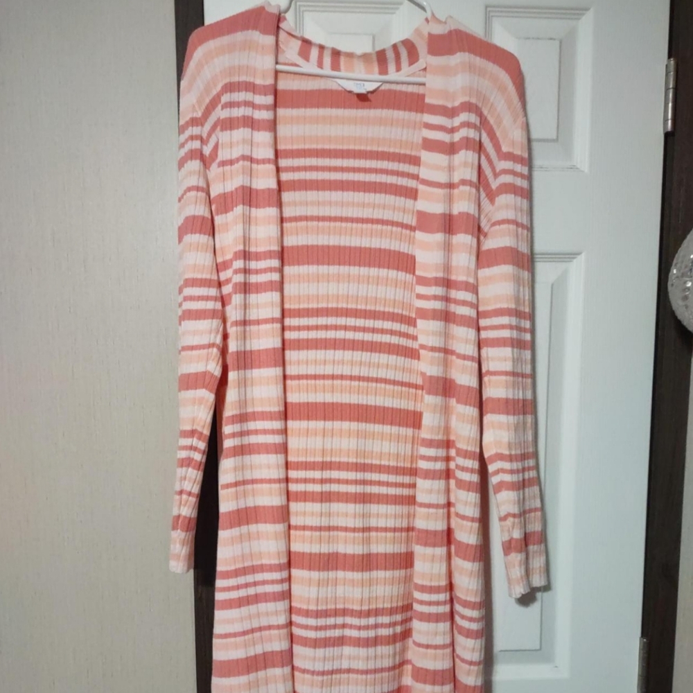 Time and Tru Coral and White Striped Cardigan